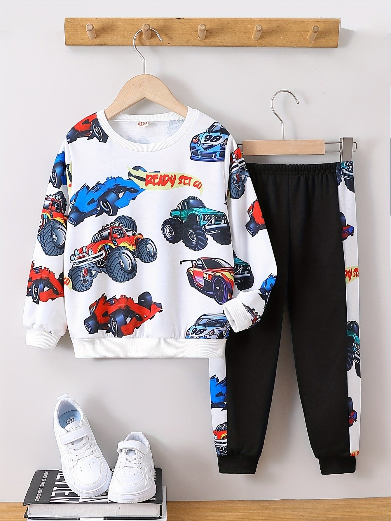 Boy's White Print Sweatshirt & Pants Set