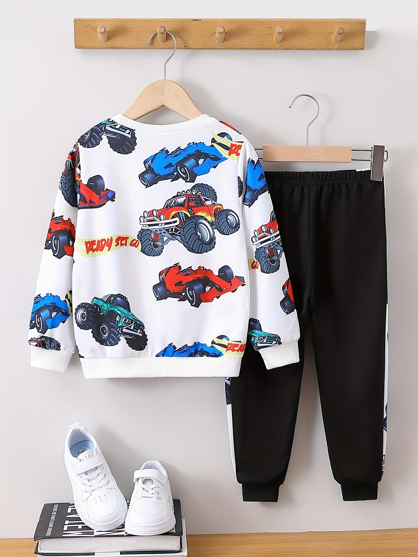 Boy's White Print Sweatshirt & Pants Set