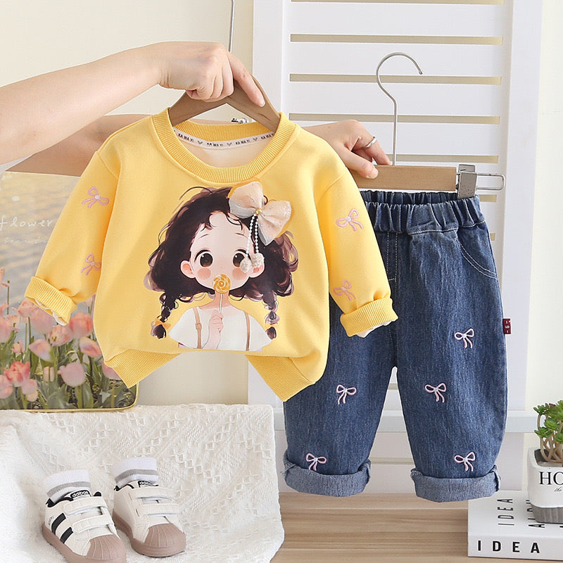 Girls Cotton Knit Girl Printed Sweatshirt With Jeans Set - Yellow
