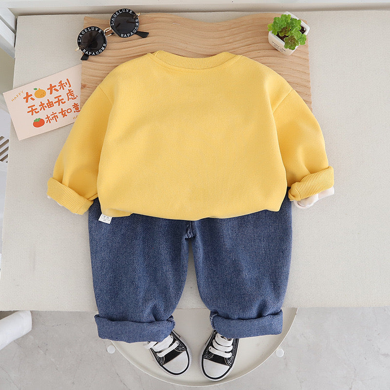 Boy's Cotton Full Sleeves Sweatshirt and Pant Set in Yellow (YellowFrogWithDenim)