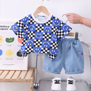 Boy's Blue Smile Print T-Shirt & Denim Shorts Set