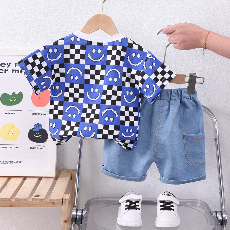 Boy's Blue Smile Print T-Shirt & Denim Shorts Set