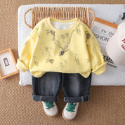 Boy's Cotton Knit All Over Printed Sweatshirt With Jeans Set - Yellow
