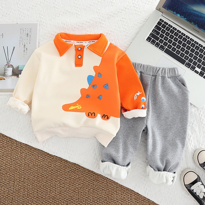 Boy's Cream Dino Print Sweatshirt & Pants Set