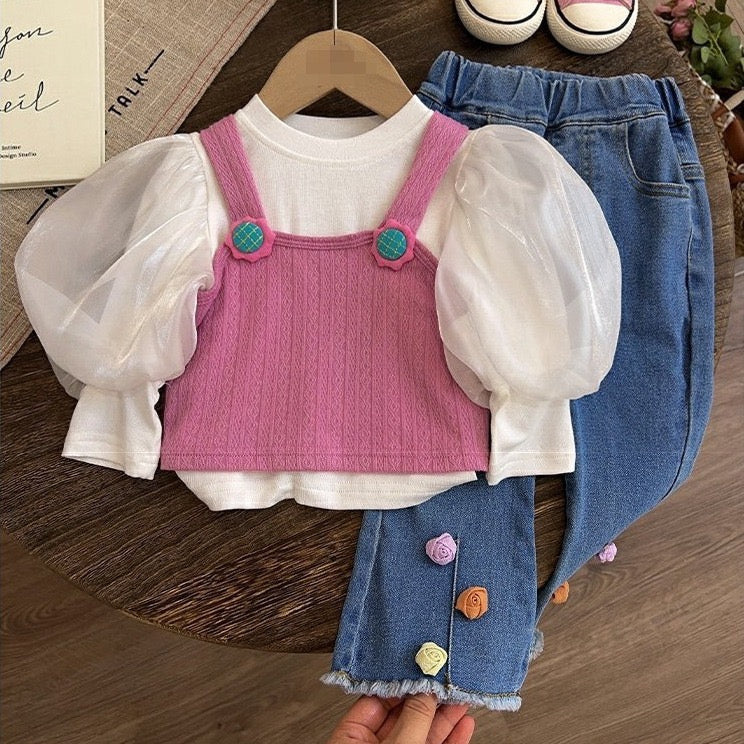 Girl's Pink Puff-Sleeve Top & Denim Pants Set