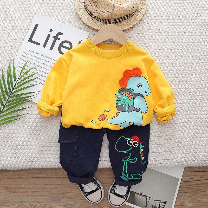 Boy's Yellow Dino Print Sweatshirt & Pants Set