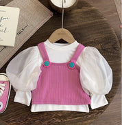 Girl's Pink Puff-Sleeve Top & Denim Pants Set
