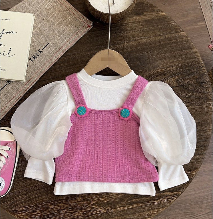 Girl's Pink Puff-Sleeve Top & Denim Pants Set