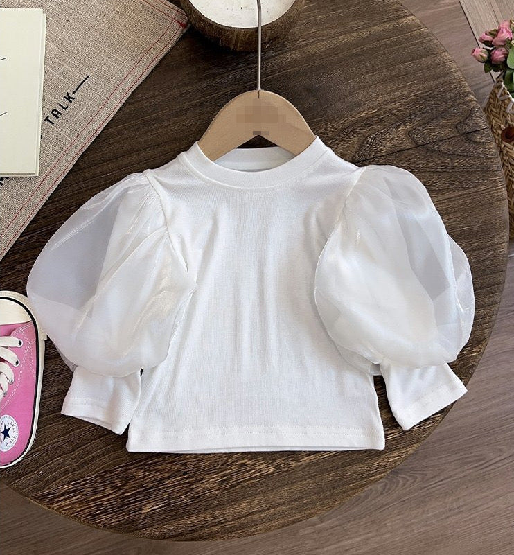 Girl's Pink Puff-Sleeve Top & Denim Pants Set