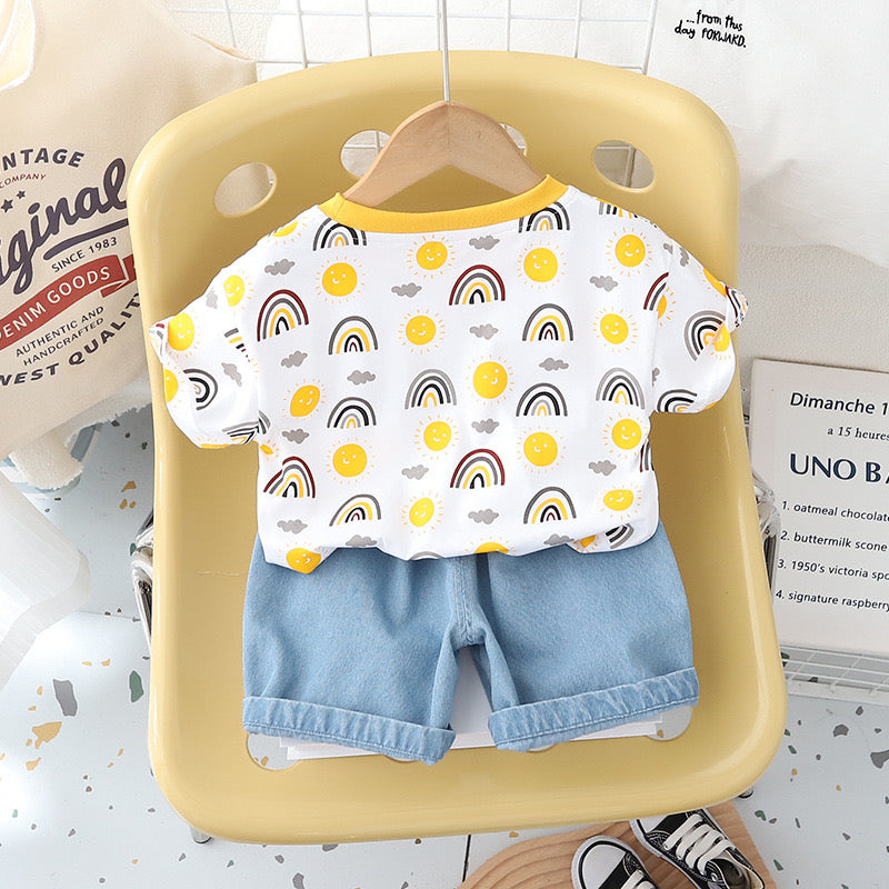 Boy's Cotton Printed T-Shirt with Denim Shorts Set in yellow Colour ( sun print)