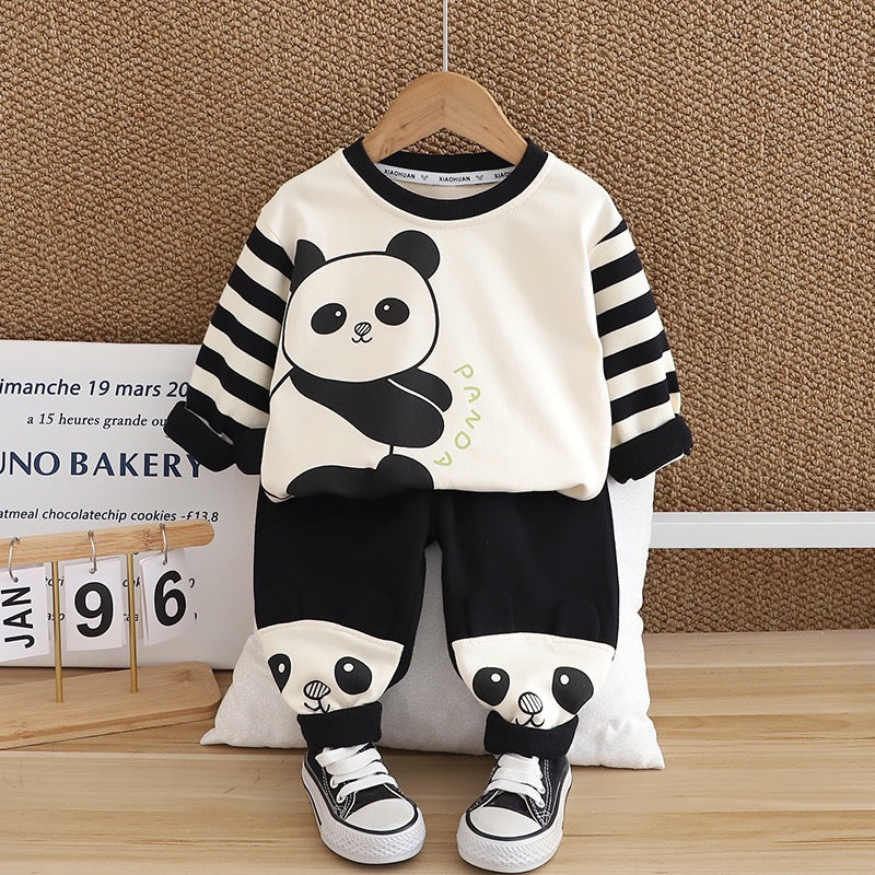 Boy's White Panda Print Sweatshirt & Pants Set