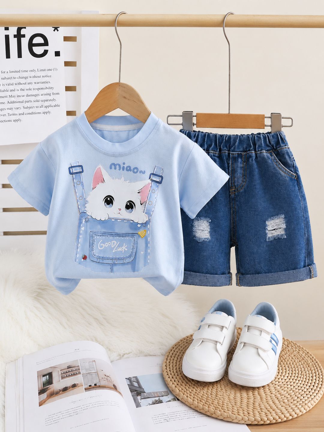 Googo Gaaga Girls Cotton Blue Cat Printed T-Shirt & Shorts Set - Blue