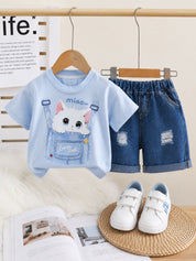 Googo Gaaga Girls Cotton Blue Cat Printed T-Shirt & Shorts Set - Blue