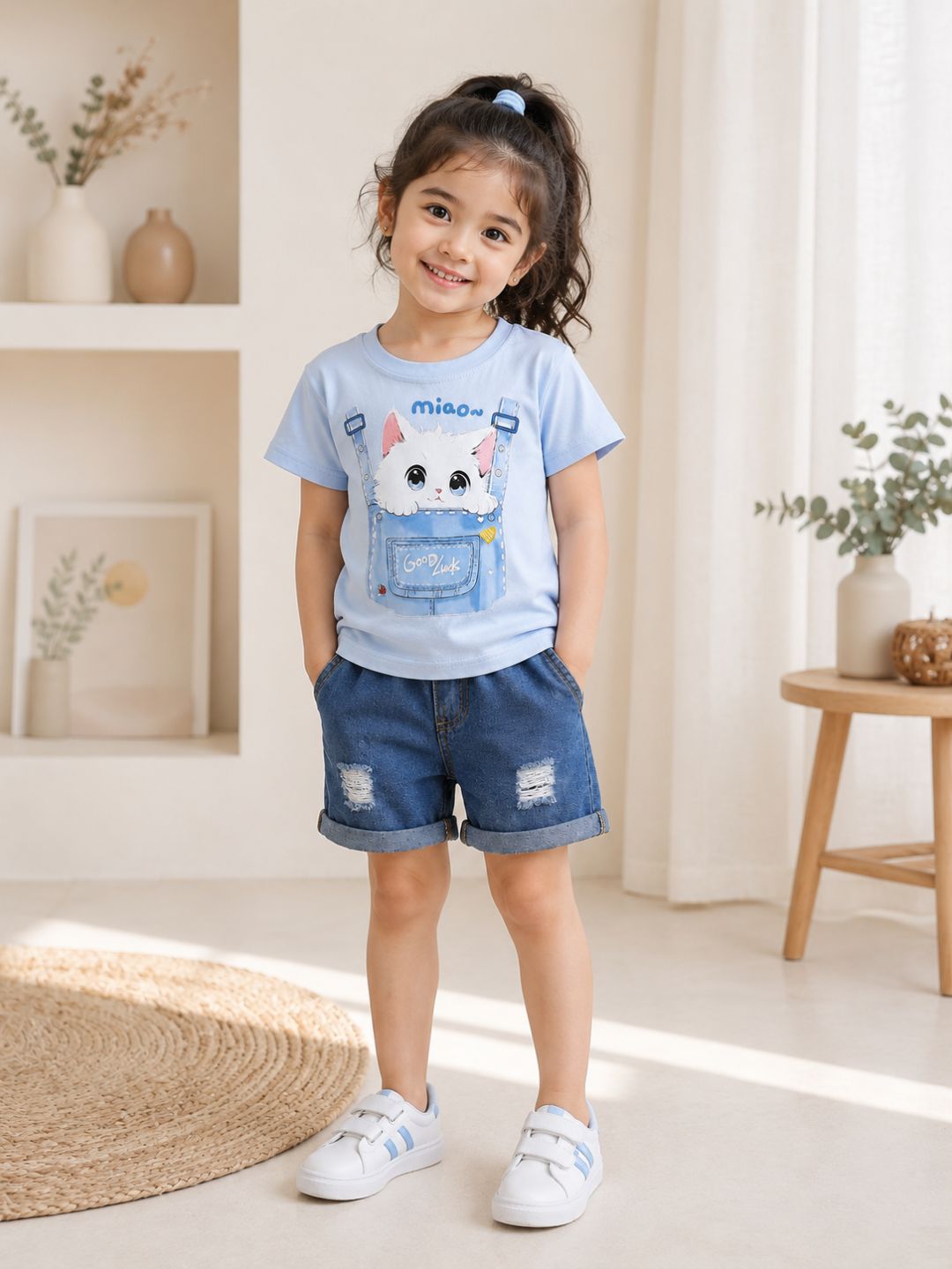 Googo Gaaga Girls Cotton Blue Cat Printed T-Shirt & Shorts Set - Blue