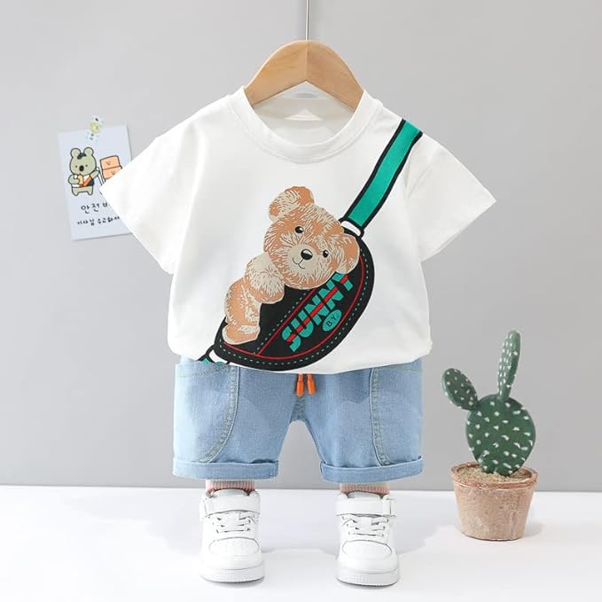 Boy's White Teddy Print T-Shirt & Denim Shorts Set