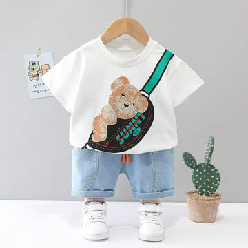 Googo Gaaga Boy's Cotton Printed T-Shirt with Denim Shorts Set in White  Colour