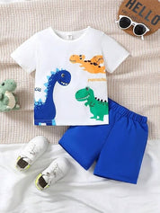 Boy's White Dino Print T-Shirt & Shorts Set