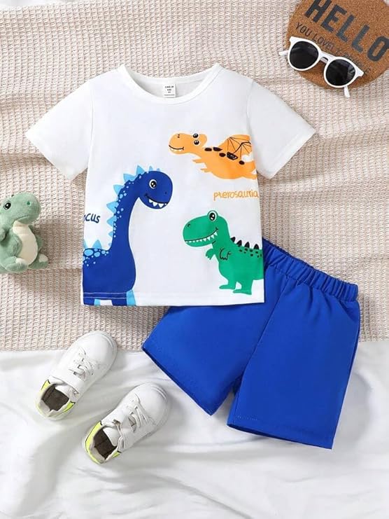 Boy's White Dino Print T-Shirt & Shorts Set
