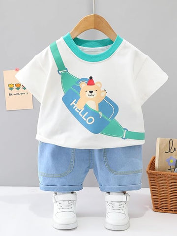 Googogaaga Boy's Cotton Printed T-Shirt with Shorts in White Colour