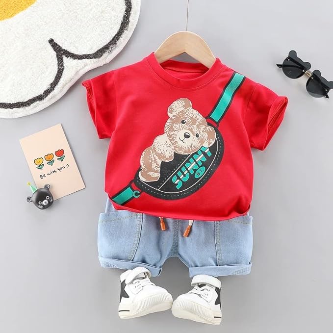 Googo Gaaga Boy's Cotton Printed T-Shirt with Denim Shorts Set in Red Color