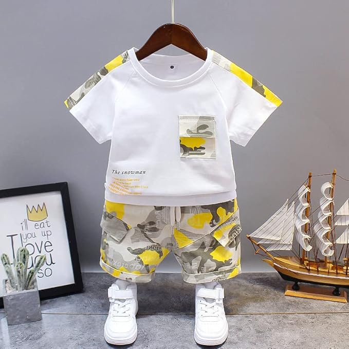 Boy's White Pocket Print T-Shirt & Shorts Set