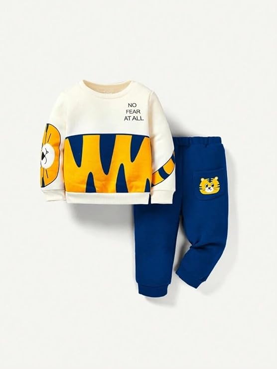 Googogaaga Boy's Cotton Printed Sweatshirt with Jogger Sets in Cream Colour