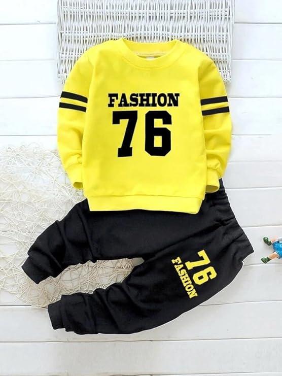 Googo Gaaga Boy's Cotton full Sleeves Printed Sweatshirt and Pant Set in Yellow Colour