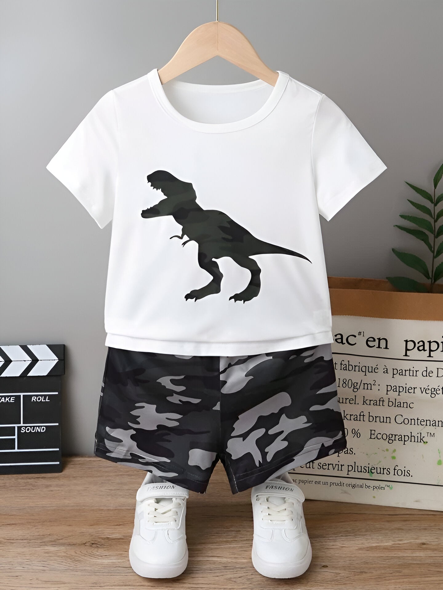 Boy's White Dino Print T-Shirt & Shorts Set