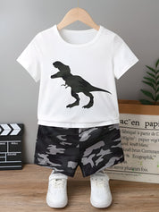Boy's White Dino Print T-Shirt & Shorts Set