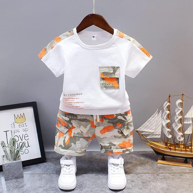 Boy's White Orange Pocket T-Shirt & Shorts Set