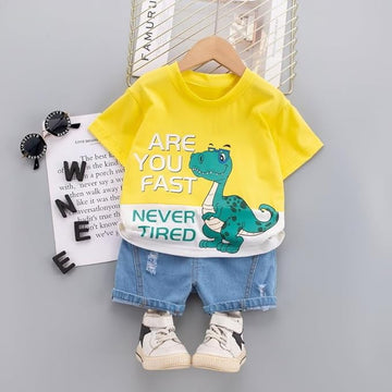 Googo Gaaga Boys Cotton printed T-Shirt with Denim Shorts in Yellow Colour