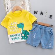 Boy's Yellow Print T-Shirt & Denim Shorts Set