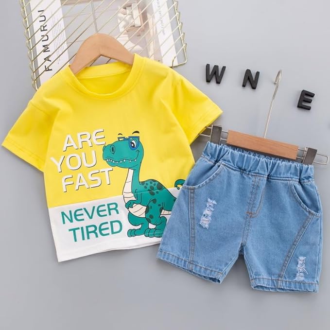 Boy's Yellow Print T-Shirt & Denim Shorts Set