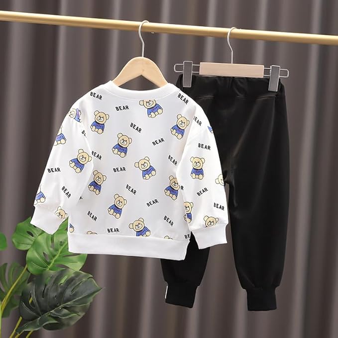 Boy's White Bear Print Sweatshirt & Pants Set