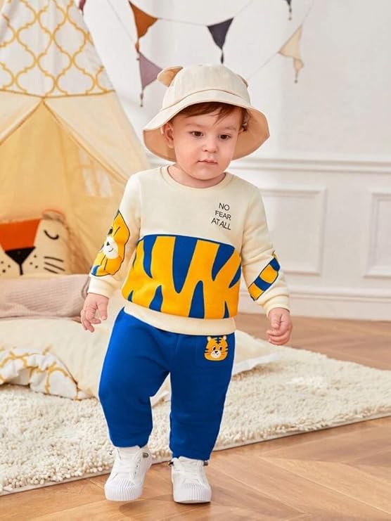 Googogaaga Boy's Cotton Printed Sweatshirt with Jogger Sets in Cream Colour