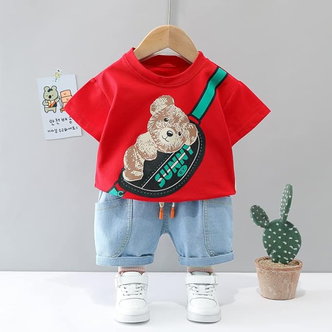Boy's Red Teddy Print T-Shirt & Denim Shorts Set