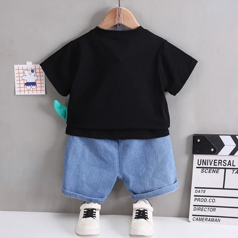 Boy's Black Dino Print T-Shirt & Shorts Set