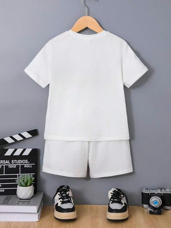 Googo Gaaga Boy's Cotton Teddy Printed T-Shirt With Shorts In White Color