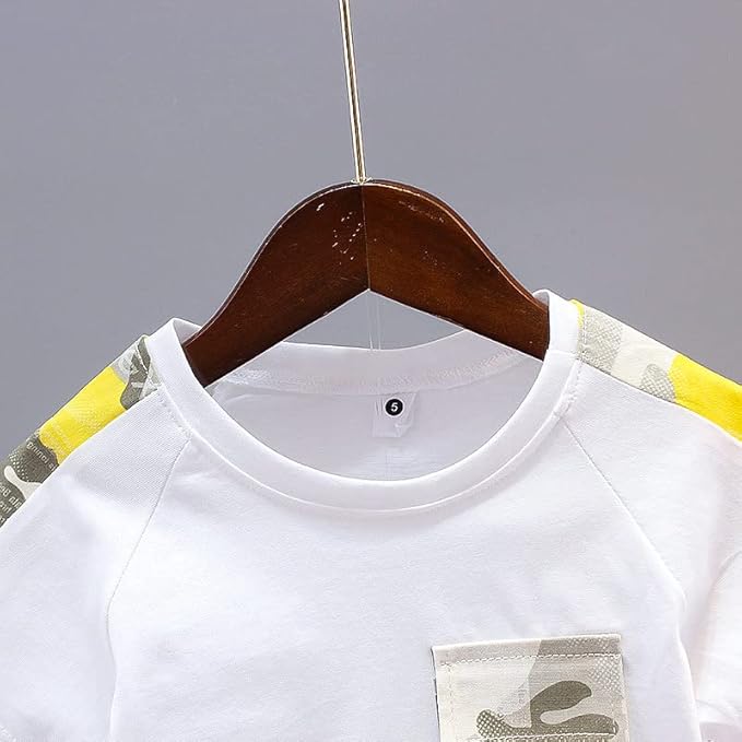 Boy's White Pocket Print T-Shirt & Shorts Set