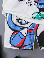Boy's White Teddy Print T-Shirt & Shorts Set