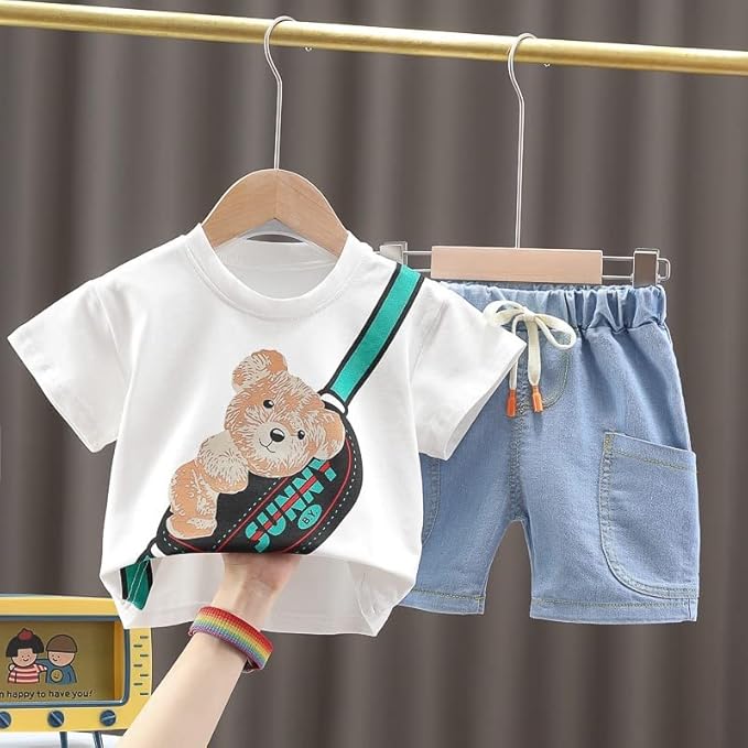 Boy's White Teddy Print T-Shirt & Denim Shorts Set