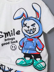 Boy's White Teddy Print T-Shirt & Shorts Set