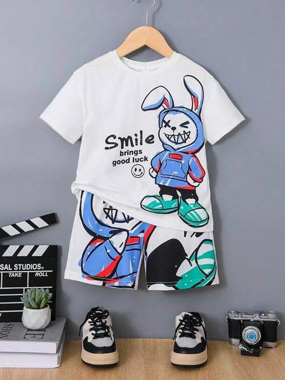 Googo Gaaga Boy's Cotton Teddy Printed T-Shirt With Shorts In White Color