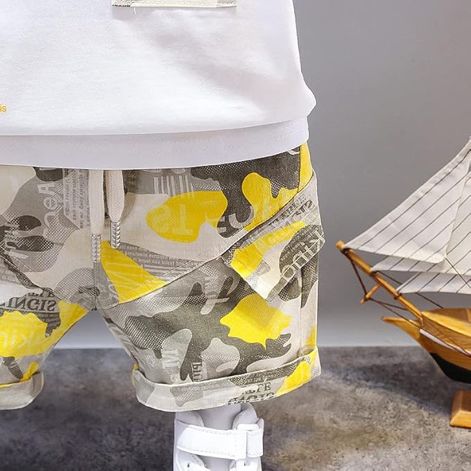 Boy's White Pocket Print T-Shirt & Shorts Set