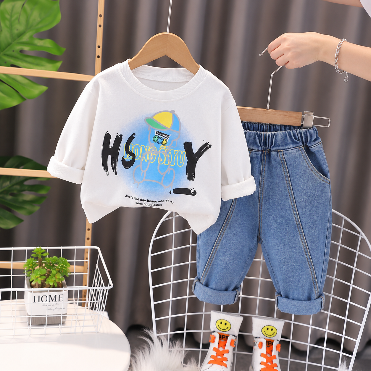 Googo Gaaga Kids Trendy Printed T-Shirt & Denim Jeans Co-Ord Set – White & Blue