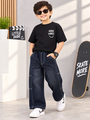 Googo Gaaga Boys Good Vibes Printed T-Shirt & Baggy Denim Jeans Co-Ord Set – Black