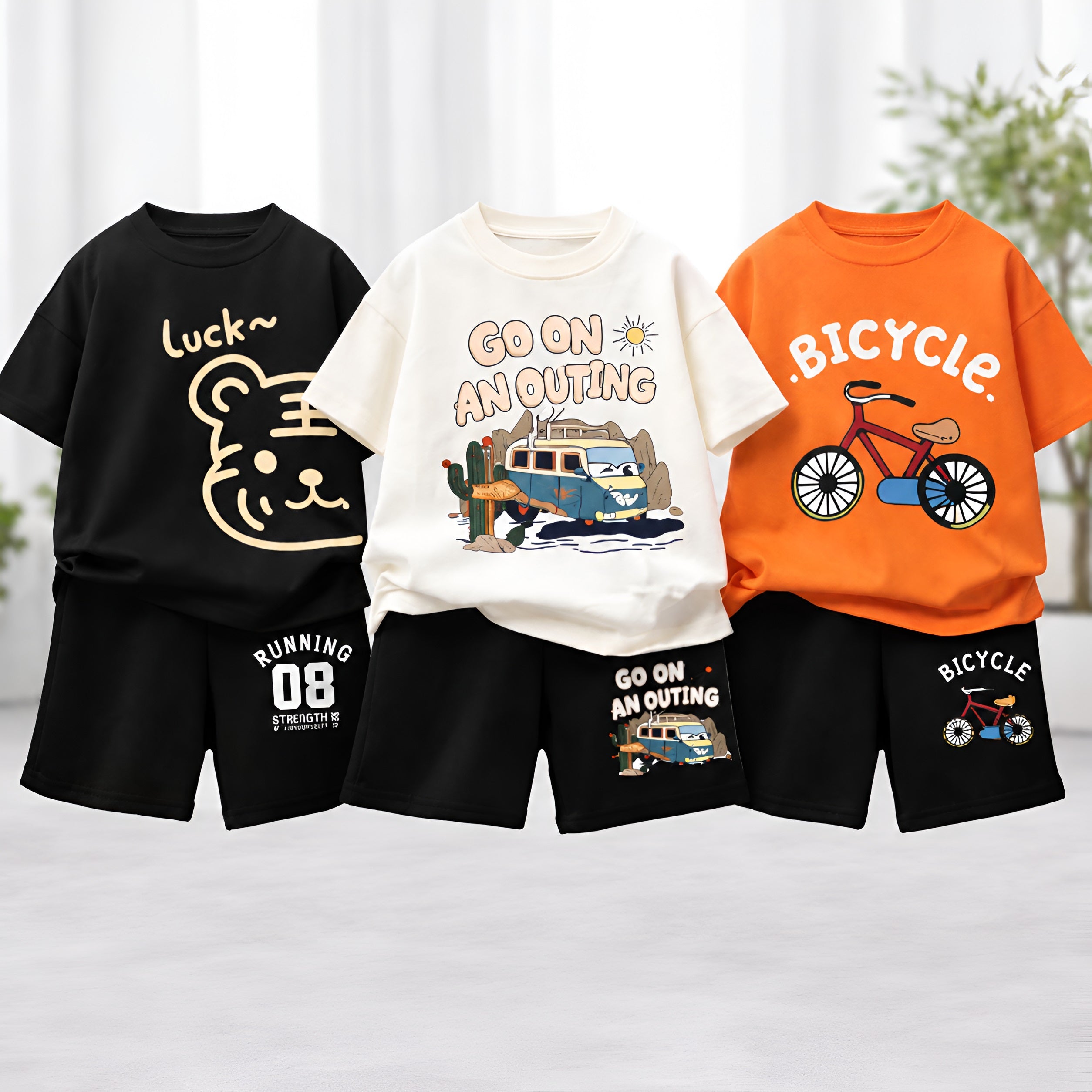 Googo Gaaga Boys Cotton Printed T-Shirt & Shorts Pack of 3 - Black, White & Orange