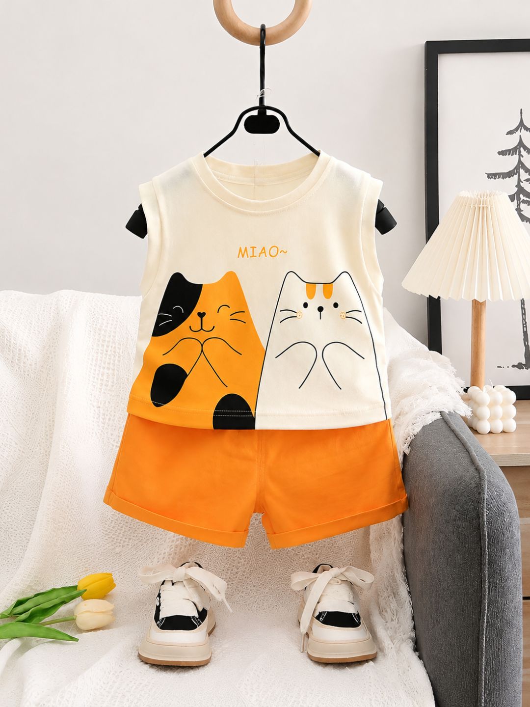 Googo Gaaga Boys Cat Graphic Printed Sleeveless T-Shirt with Orange Shorts Set