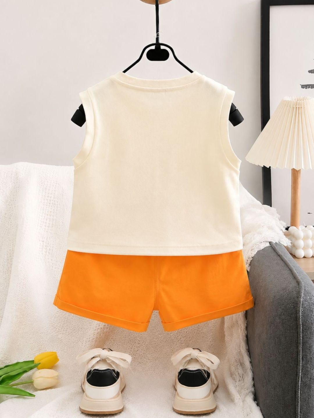 Googo Gaaga Boys Cat Graphic Printed Sleeveless T-Shirt with Orange Shorts Set