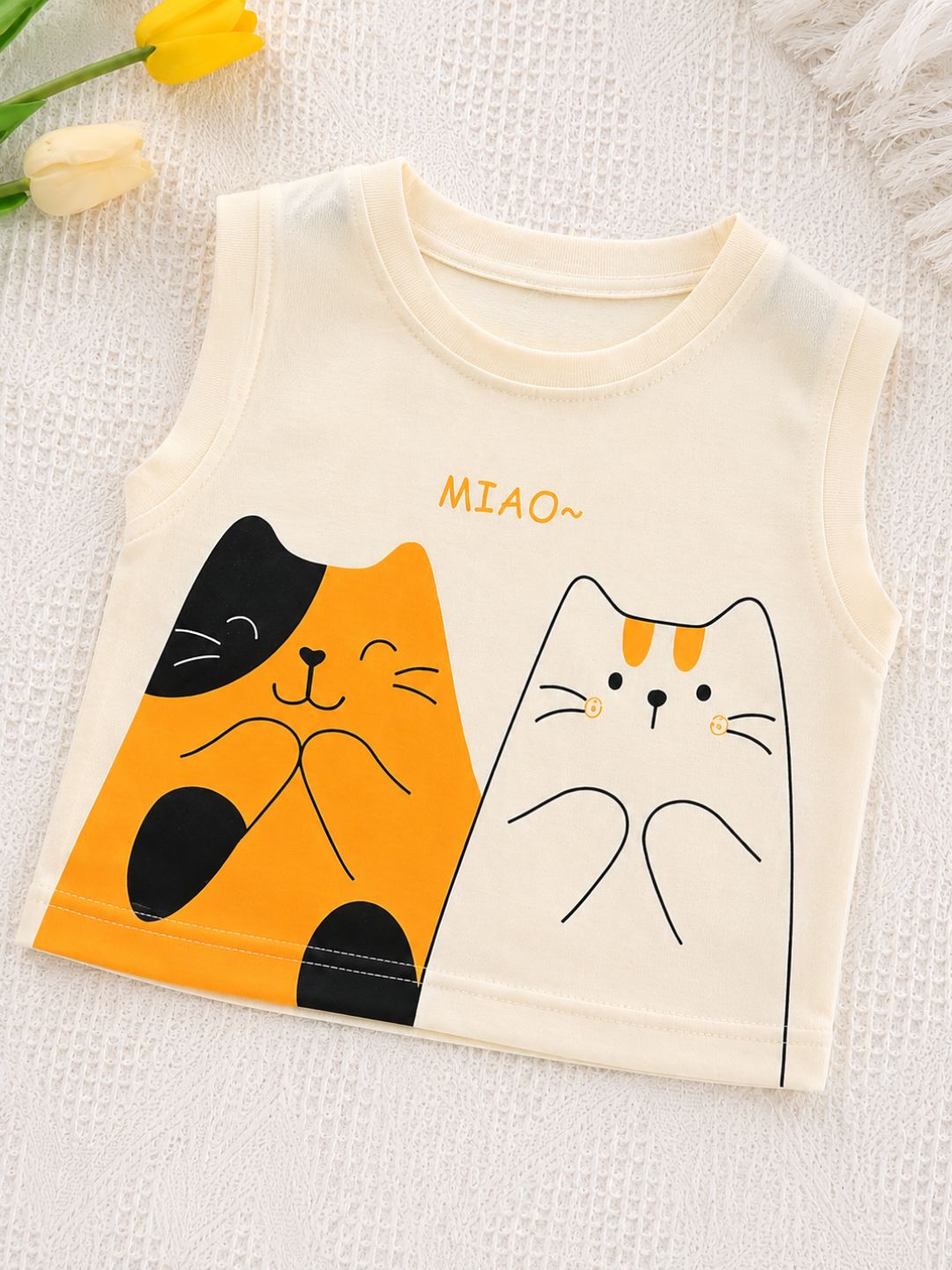 Googo Gaaga Boys Cat Graphic Printed Sleeveless T-Shirt with Orange Shorts Set